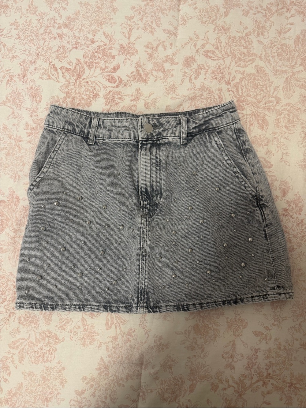 Zara Grey Studded Denim Mini Skirt